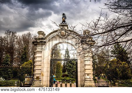 Chorzów, Silesia, Poland; April 15th, 2023: Ornamental Stone Gate To The Chorzow Zoo