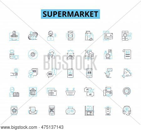Supermarket Linear Icons Set. Groceries, Aisles, Carts, Checkout, Deli, Produce, Meat Line Vector An