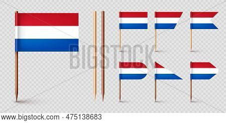 Realistic Various Dutch Toothpick Flags. Souvenir From Netherlands. Wooden Toothpicks With Paper Fla