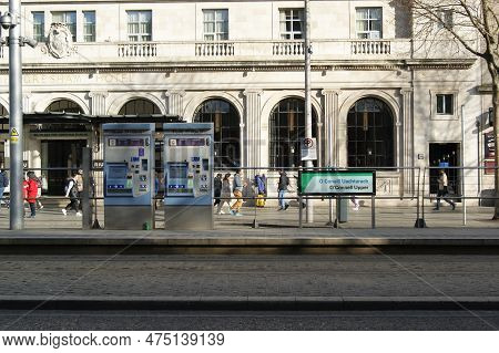 Tram Stop In Dublin City Centre. Ireland Dublin 11.01.2023.