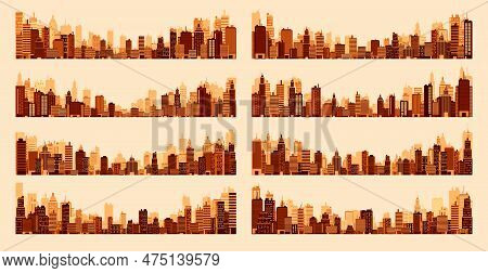 City Silhouettes. Cityscape, Town Skyline, Horizontal Panorama. Midtown, Downtown With Various Build