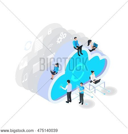 Cloud Services Isometric Composition With Small Human Characters Using Gadgets Computers With Cloud 