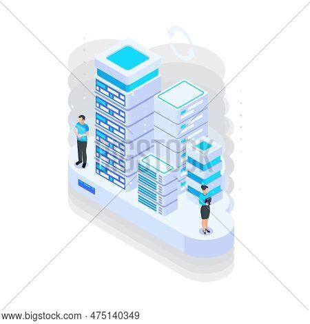 Cloud Services Isometric Composition With Characters Of Coworkers And Stacks Of Servers Vector Illus