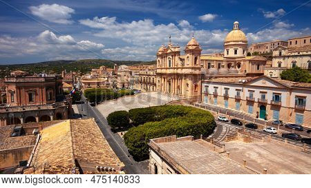 Noto, Sicily, Italy. Aerial Cityscape Image Of Historical City Of Noto, Sicily With Noto Cathedral A