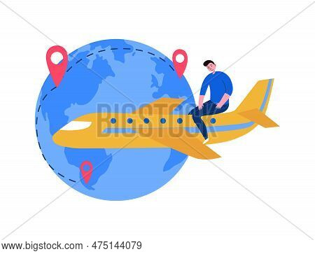 Tourism Travel Booking Ticket Composition With Human Character Of Tourist Sitting On Aircraft With E