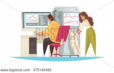 Geologist Composition With Geologists Team Printing Sensor Oscillograms On Computer Vector Illustrat