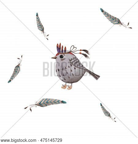 Watercolor Tribal Bird Feather Seamless Pattern Ethnic Print For Fabric Baby Clothes Wallpaper Packa