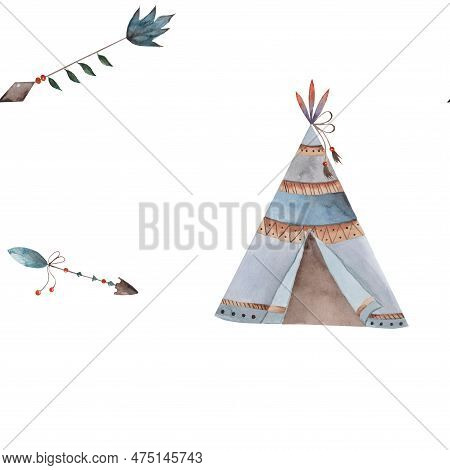 Watercolor Seamless Pattern Arrows And Spears Boho Indians American Style Children's Clothing Room F