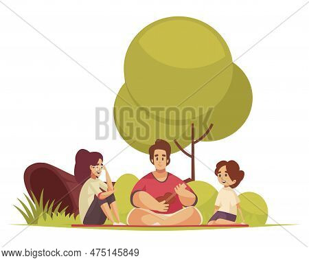 Bbq Composition With Outdoor Landscape And Characters Of Family Members Sitting On Ground Playing Gu