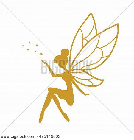 Little Fairy With Cast Star And Winged. Flat Cartoon Vector Style