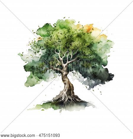 Bodhi Sacred Fig Tree Watercolor Vector Illustration.