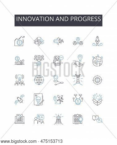 Innovation And Progress Line Icons Collection. Improvement, Advancement, Development, Modernization,