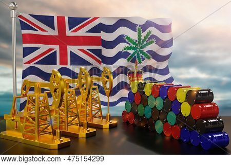 The British Indian Ocean's Petroleum Market. Oil Pump Made Of Gold And Barrels Of Metal. The Concept