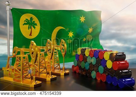 The Cocos Keeling Islands's Petroleum Market. Oil Pump Made Of Gold And Barrels Of Metal. The Concep