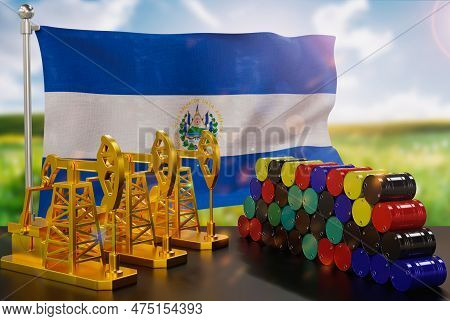 The El Salvador's Petroleum Market. Oil Pump Made Of Gold And Barrels Of Metal. The Concept Of Oil P