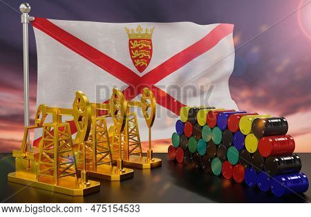 The Jersey's Petroleum Market. Oil Pump Made Of Gold And Barrels Of Metal. The Concept Of Oil Produc