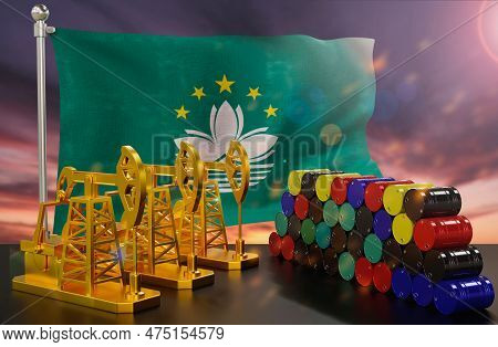 The Macau's Petroleum Market. Oil Pump Made Of Gold And Barrels Of Metal. The Concept Of Oil Product