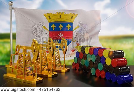 The Saint Barthelemy's Petroleum Market. Oil Pump Made Of Gold And Barrels Of Metal. The Concept Of 