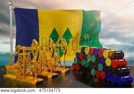The Saint Vincent And The Grenadines's Petroleum Market. Oil Pump Made Of Gold And Barrels Of Metal.