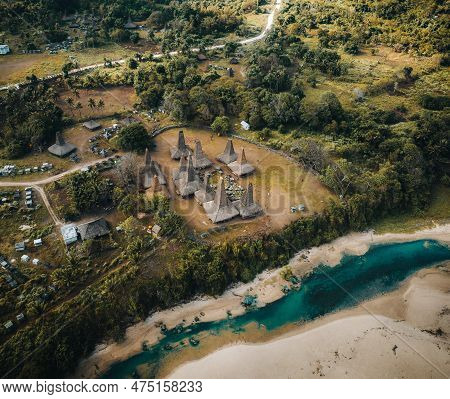 Aerial Drobne View Of Traditional House Of Ratenggaro In Sumba, East Nusa Tenggara, Indonesia. Verna