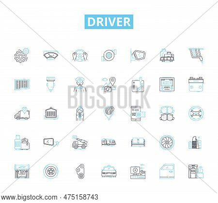 Driver Linear Icons Set. Pedal, Steering, License, Gearbox, Vehicle, Accelerate, Brake Line Vector A