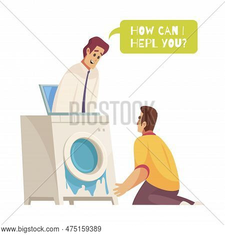 Support Call Center Composition With Helping Agent Looking Out Of Broken Washing Machine Vector Illu