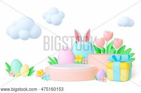 Easter 3d Concept. Nature Garden Objects, Bunnies Ears In Egg And Gift Box. Spring Holiday Decoratio