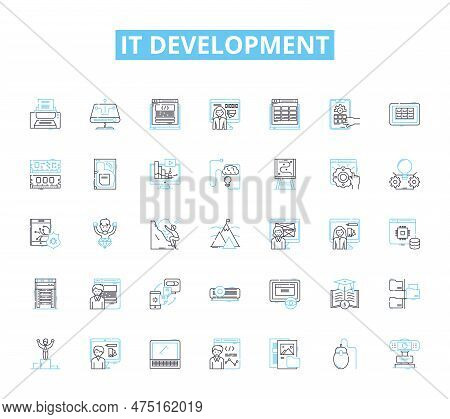 It Development Linear Icons Set. Coding, Programming, Debugging, Testing, Deployment, Integration, A