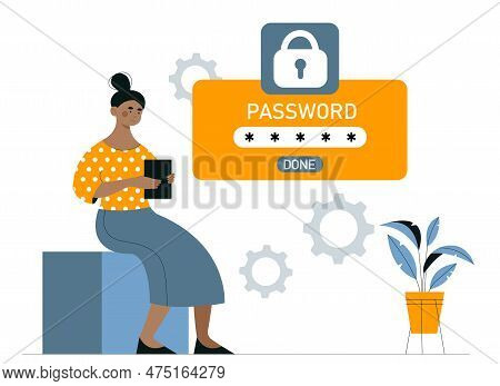 Woman With Password. Young Girl Logs In To Profile Or Account. Identity Verification And Personal Da