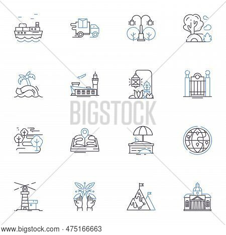 Rolling Hills Line Icons Collection. Scenic, Majestic, Serene, Bucolic, Undulating, Picturesque, Lus