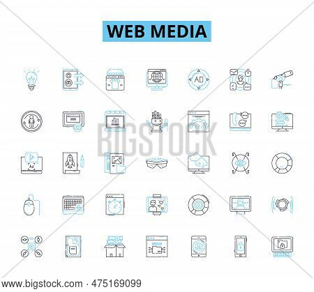 Web Media Linear Icons Set. Streaming, Blogging, Socializing, Podcasts, Vlogging, Analytics, Targeti