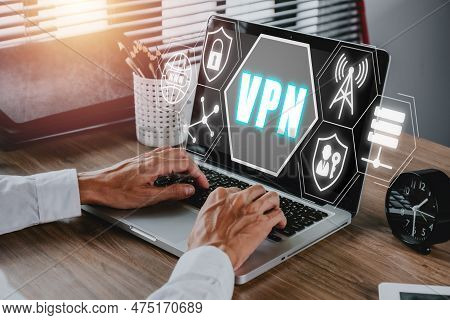 Vpn Virtual Private Network Protocol Concept, Man Hand Typing On Keyboard Computer With Vpn Icon On 
