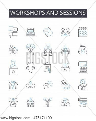 Workshops And Sessions Line Icons Collection. Seminars And Lectures, Talks And Speeches, Classes And