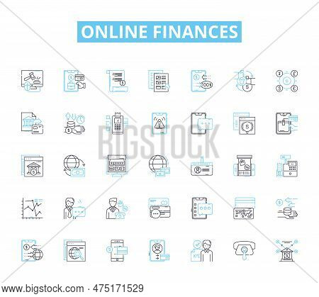 Online Finances Linear Icons Set. Budgeting, Savings, Investments, Credit, Debt, Stock, Cryptocurren