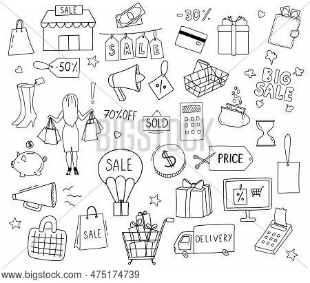 Hand Drawn Sale Collection. Doodle Sketch For Store. Package With Purchases, Woman And Delivery Truc