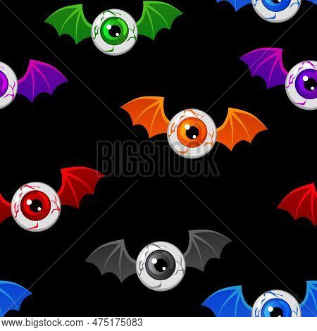 Red Flying Eyeball, Vector Illustration Of Flying Human Eyeball With Bat Or Dragon Wings