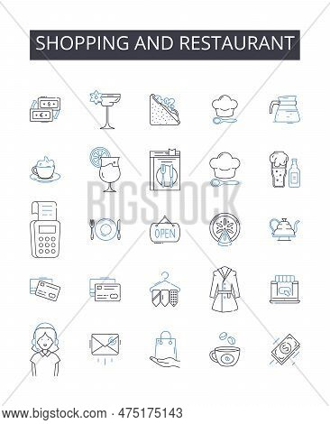 Shopping And Restaurant Line Icons Collection. Retail Therapy, Eating Out, Grocery Shopping, Dining,