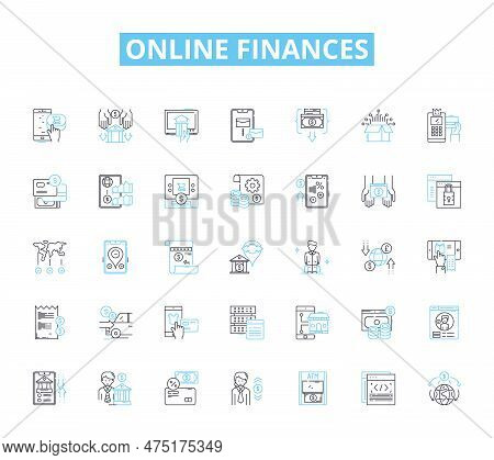 Online Finances Linear Icons Set. Budgeting, Savings, Investments, Credit, Debt, Stock, Cryptocurren