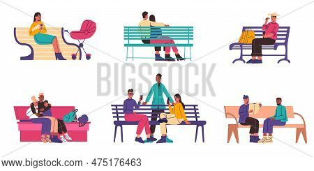 People Sit On Bench. Cute Citizens Rest On City Seats Different Types. Friends Meeting In Park. Youn
