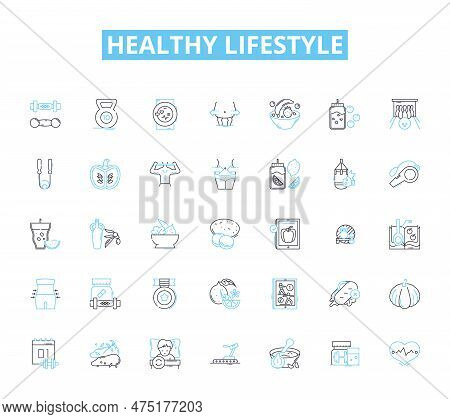 Healthy Lifestyle Linear Icons Set. Nourishment, Fitness, Wellness, Balance, Nutrition, Exercise, Hy