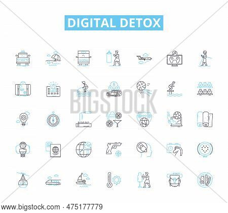 Digital Detox Linear Icons Set. Unplug, Disconnect, Reconnect, Mindfulness, Balance, Focus, Relaxati