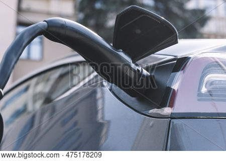 Charging Station For Electric Cars. Types And Connectors Of Ports For Charging Vehicles.