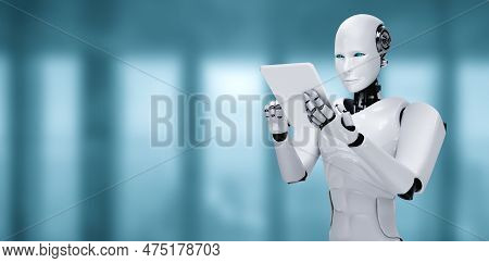 Robot Humanoid Using Tablet Computer In Future Office While Using Ai Thinking Brain , Artificial Int