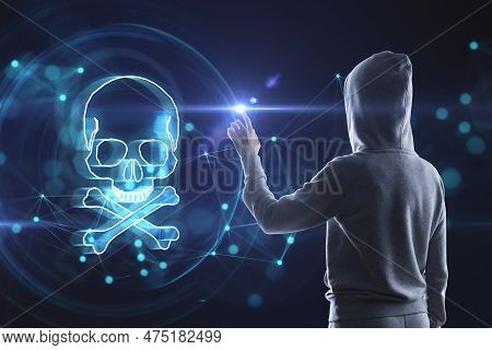 Hacker Using Digital Blue Skull Hologram On Dark Background. Ransomeware, Virus And Pirate Threat Co