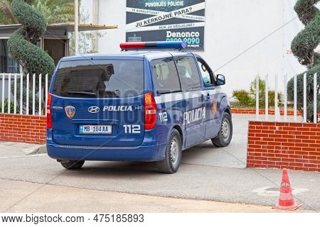 Tirana, Albania - April 22 2019: Police Van (policia) Entering The Gate A Police Station In The City