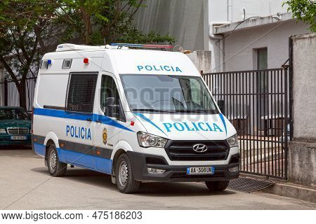 Tirana, Albania - April 22 2019: Police Van (policia) Parked The Gate A Police Station In The City C