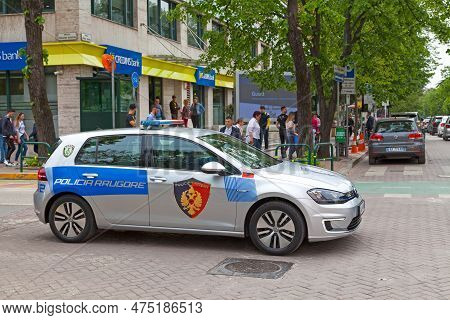 Tirana, Albania - April 23 2019: Road Police Car (policia Rrugore) Patrolling The Street.