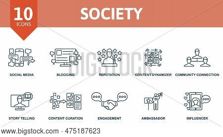 Society Outline Set. Creative Icons: Social Media, Blogging, Reputation, Content Dymanizer, Communit