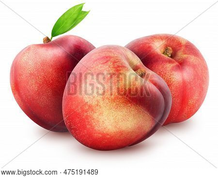 Isolated Nectarines. Three Whole Nectarine Fruits With Leaves Isolated On White Background