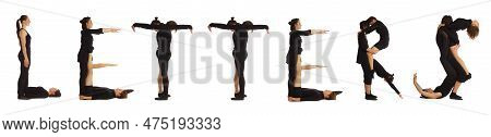Black Dressed People Forming Letters Word Over White